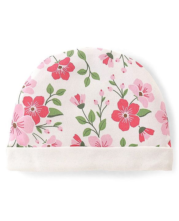 Babyhug 100% Cotton Knit Cap Mittens & Booties Set Floral  Print- White