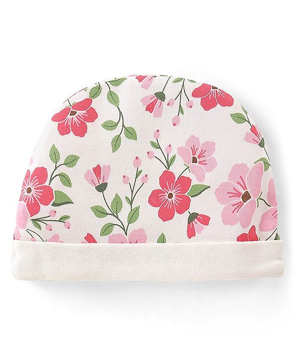 Babyhug 100% Cotton Knit Cap Mittens & Booties Set Floral  Print- White