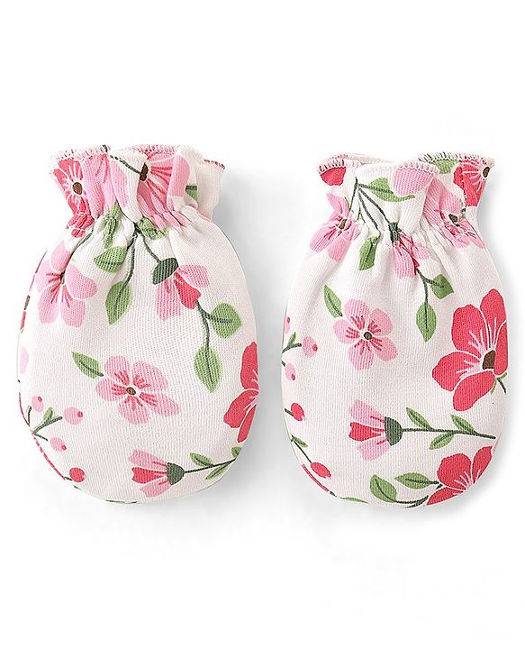 Babyhug 100% Cotton Knit Cap Mittens & Booties Set Floral  Print- White