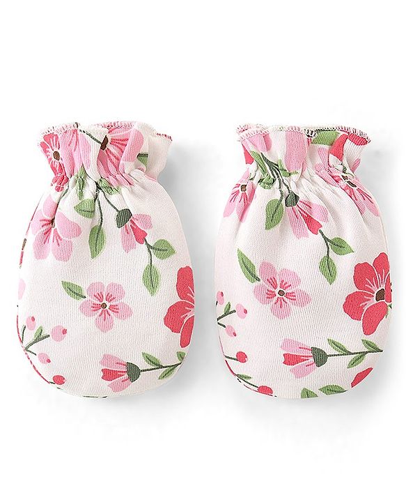 Babyhug 100% Cotton Knit Cap Mittens & Booties Set Floral  Print- White