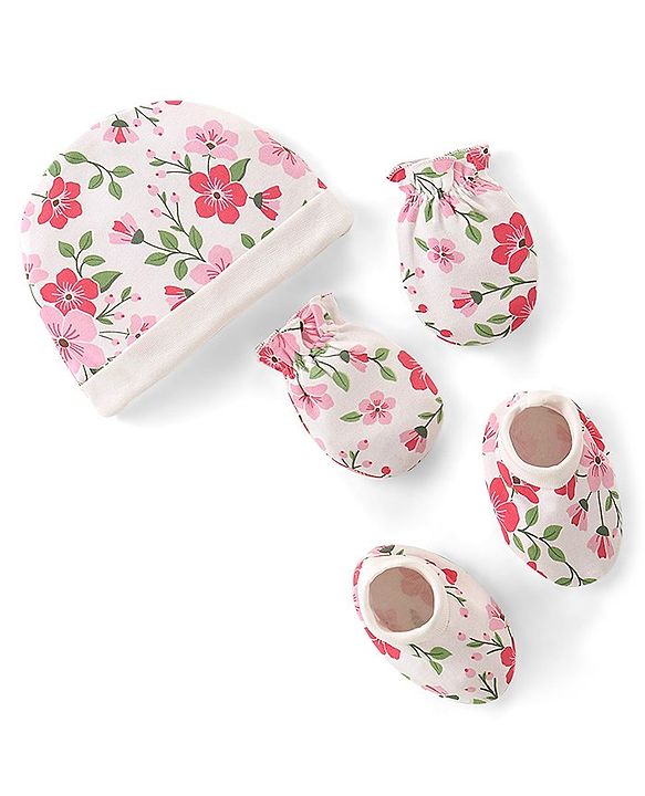 Babyhug 100% Cotton Knit Cap Mittens & Booties Set Floral  Print- White