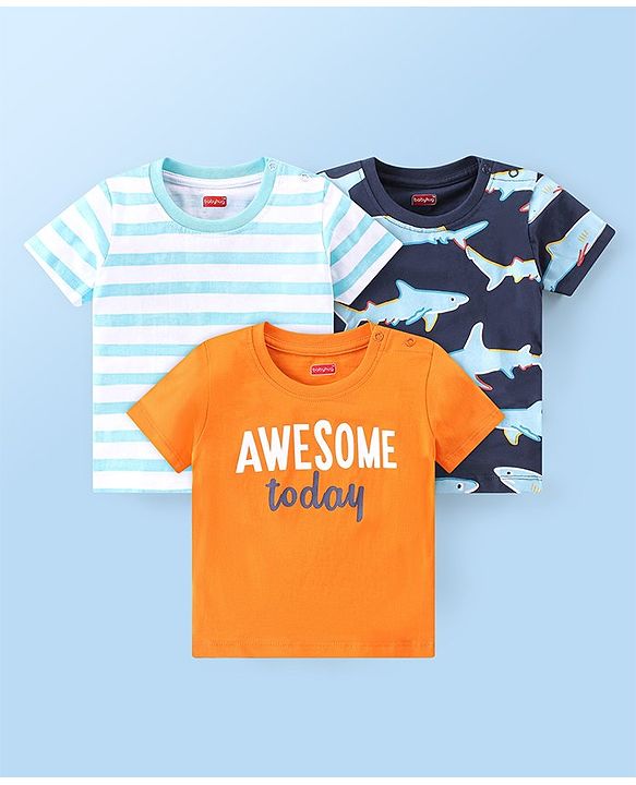 Babyhug 100% Cotton Knit Half Sleeves Striped T-Shirt With Shark Graphics Pack of 3-Multicolor