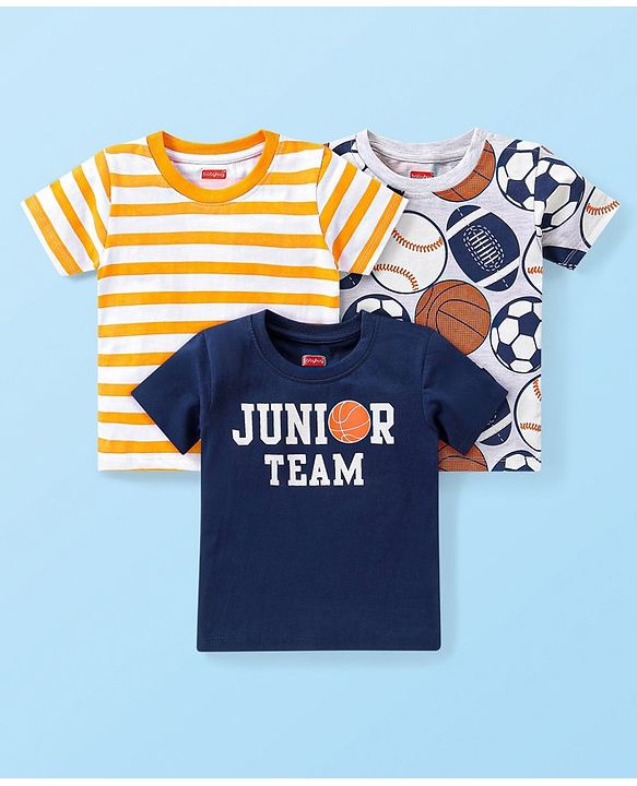 Babyhug 100% Cotton Knit Half Sleeves T-Shirts Sports Theme Pack of 3 - Multicolor