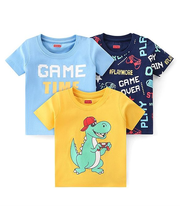 Babyhug Cotton Knit Half Sleeves Dino & Text Printed T-Shirts Pack of 3 - Blue & Yellow