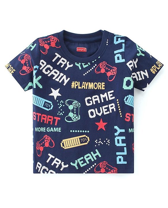 Babyhug Cotton Knit Half Sleeves Dino & Text Printed T-Shirts Pack of 3 - Blue & Yellow