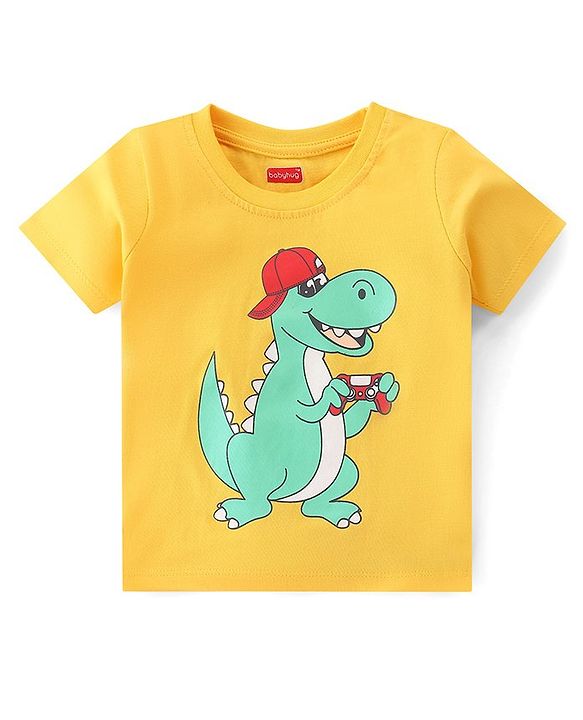 Babyhug Cotton Knit Half Sleeves Dino & Text Printed T-Shirts Pack of 3 - Blue & Yellow