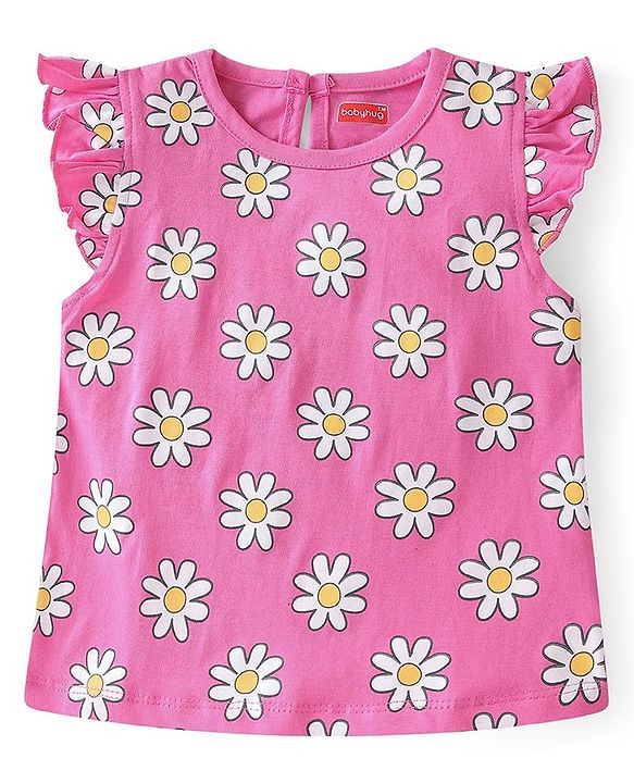 Babyhug 100% Cotton Knit Frill Sleeves Top With Floral Print Pack Of 3 - Multicolor