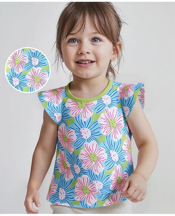 Babyhug 100% Cotton Knit Cap Sleeves Top with Floral Print - Lime Green & Blue