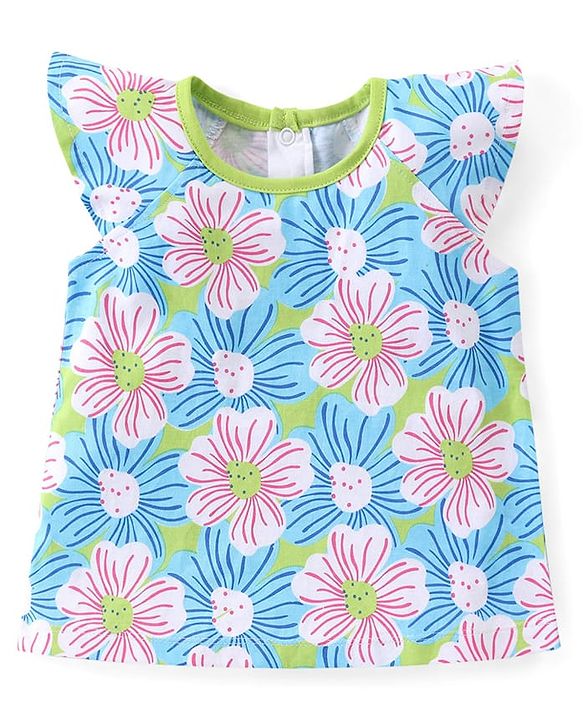 Babyhug 100% Cotton Knit Cap Sleeves Top with Floral Print - Lime Green & Blue