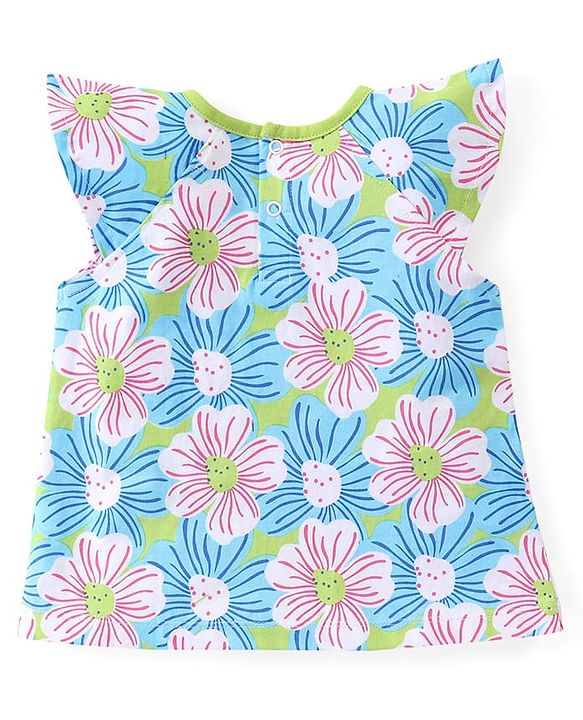 Babyhug 100% Cotton Knit Cap Sleeves Top with Floral Print - Lime Green & Blue