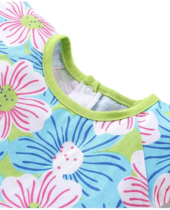 Babyhug 100% Cotton Knit Cap Sleeves Top with Floral Print - Lime Green & Blue