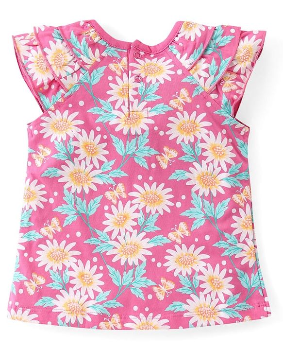 Babyhug 100% Cotton Knit Cap Sleeves Top with Floral Print & Frill Detailing - Pink