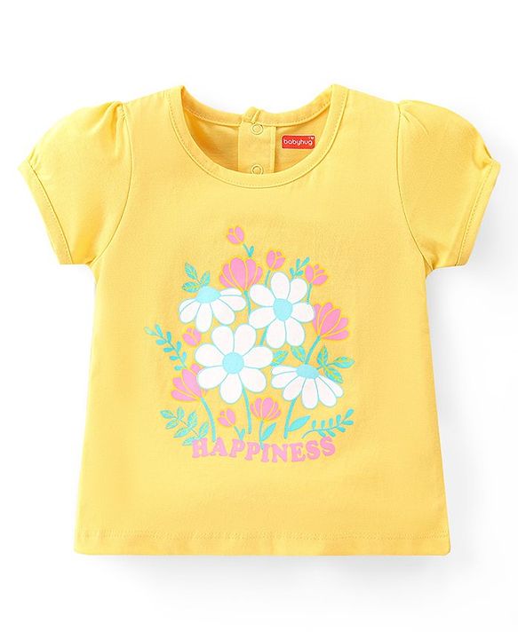 Babyhug Cotton Knit Half Sleeves Top Floral Print - Yellow
