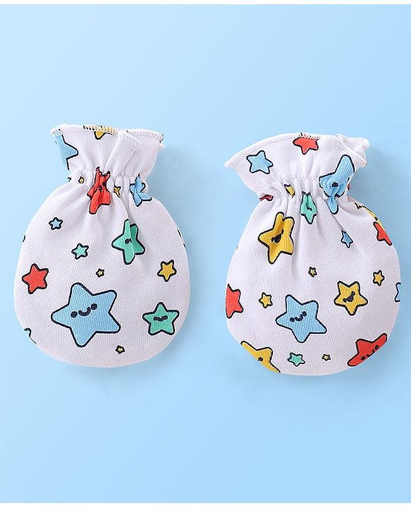 Babyhug 100% Cotton Knit Mittens & Booties Set Star Print Pack of 2 - White