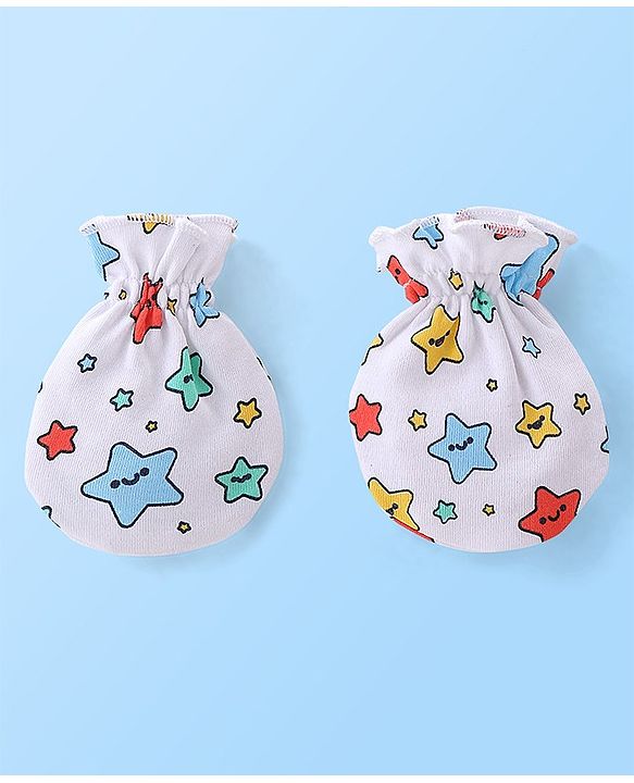 Babyhug 100% Cotton Knit Mittens & Booties Set Star Print Pack of 2 - White