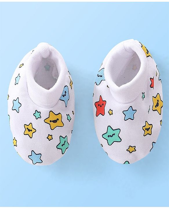 Babyhug 100% Cotton Knit Mittens & Booties Set Star Print Pack of 2 - White
