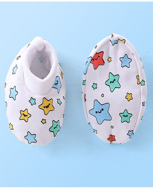 Babyhug 100% Cotton Knit Mittens & Booties Set Star Print Pack of 2 - White