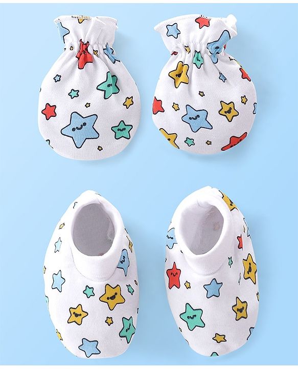Babyhug 100% Cotton Knit Mittens & Booties Set Star Print Pack of 2 - White