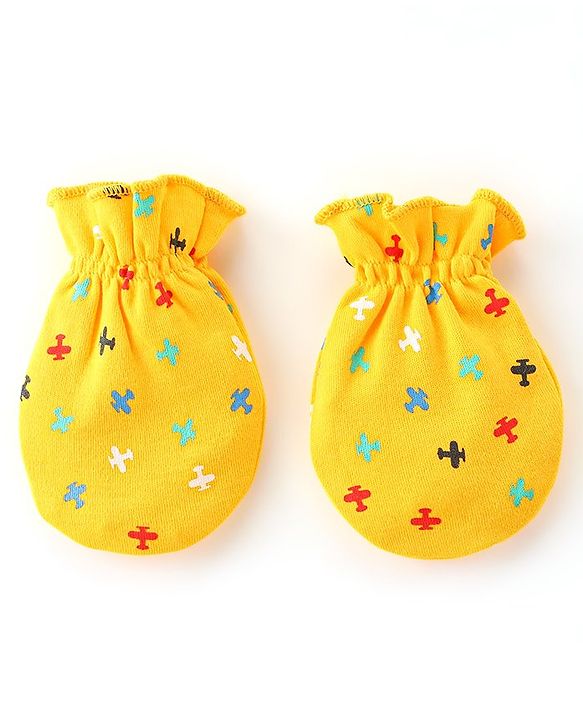 Babyhug 100% Cotton Knit Mittens & Booties Set Helicopter Print- Yellow