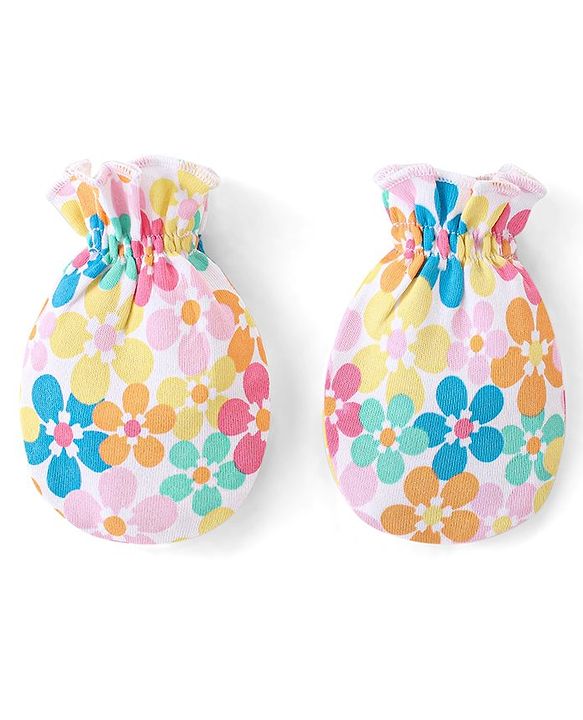 Babyhug 100% Cotton Knit Mittens & Booties Set Floral Print - Yellow