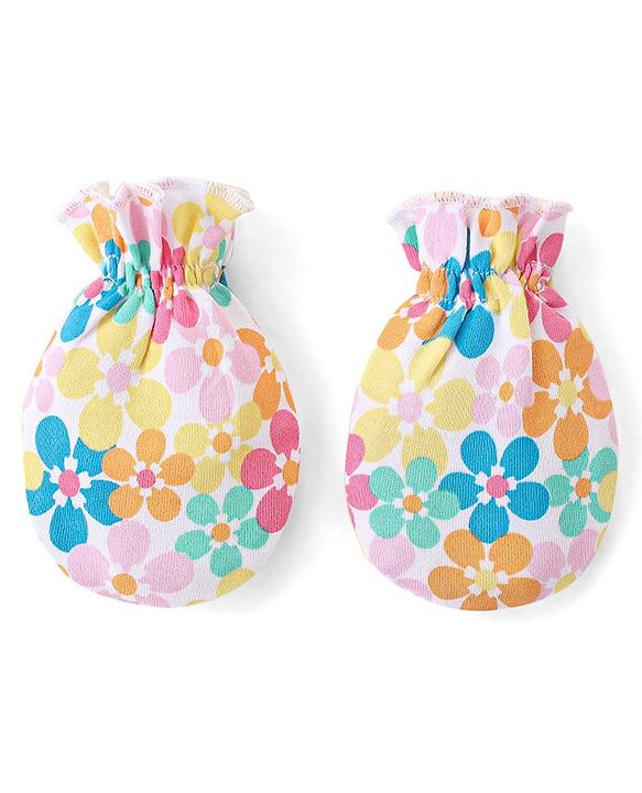 Babyhug 100% Cotton Knit Mittens & Booties Set Floral Print - Yellow