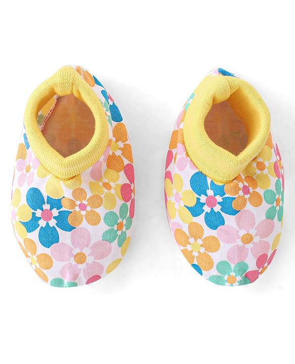 Babyhug 100% Cotton Knit Mittens & Booties Set Floral Print - Yellow