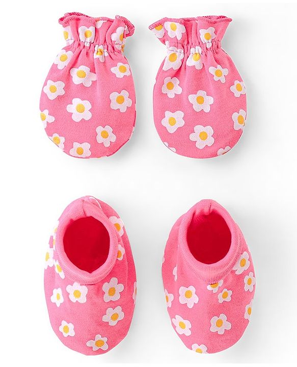 Babyhug 100% Cotton Knit Mittens & Booties Set Floral Print- Pink
