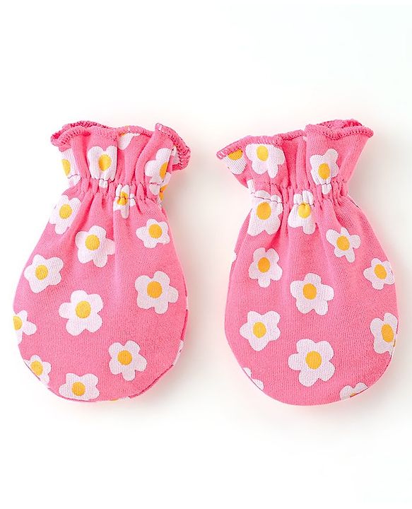 Babyhug 100% Cotton Knit Mittens & Booties Set Floral Print- Pink