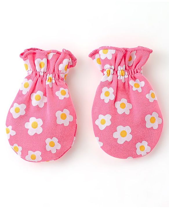 Babyhug 100% Cotton Knit Mittens & Booties Set Floral Print- Pink