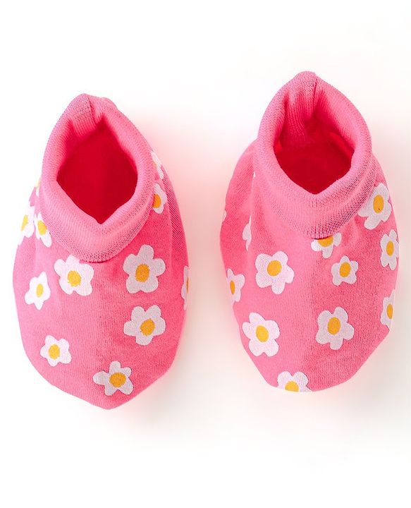 Babyhug 100% Cotton Knit Mittens & Booties Set Floral Print- Pink