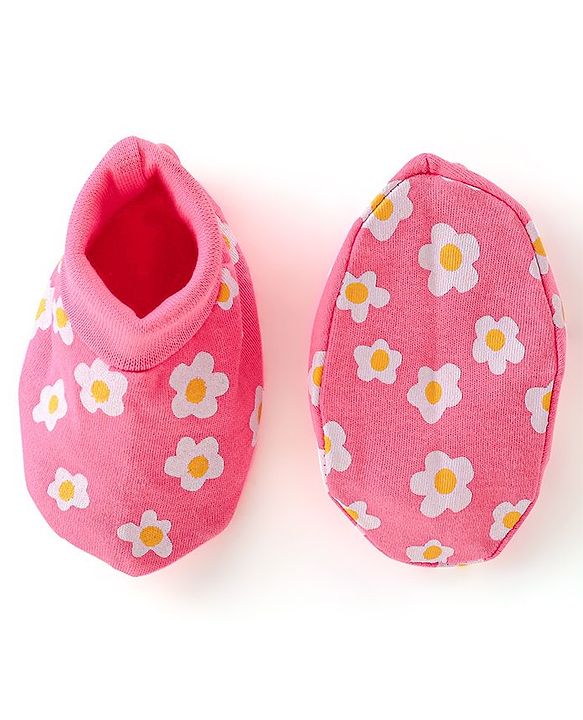 Babyhug 100% Cotton Knit Mittens & Booties Set Floral Print- Pink