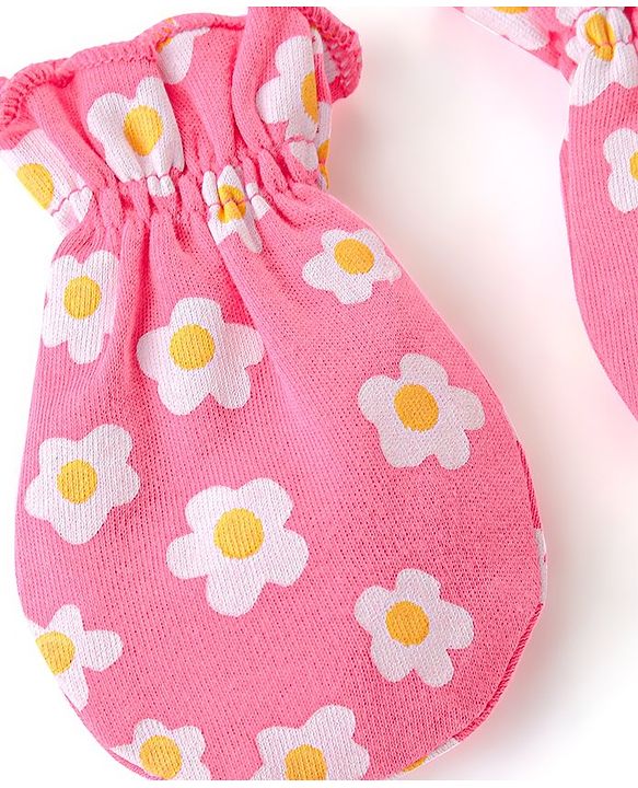 Babyhug 100% Cotton Knit Mittens & Booties Set Floral Print- Pink