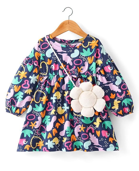 Babyhug Cotton Jersey Full Sleeves Frock With Sling Bag Shapes Print - Blue