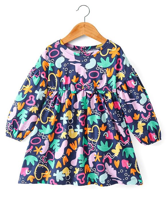 Babyhug Cotton Jersey Full Sleeves Frock With Sling Bag Shapes Print - Blue