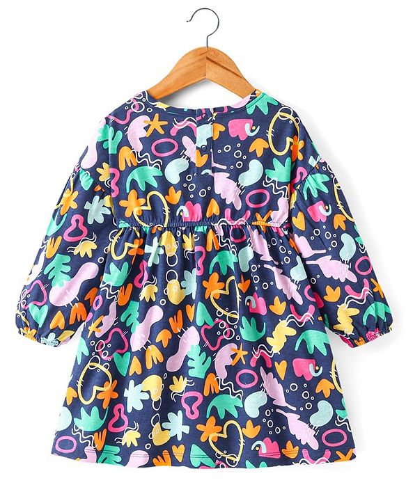 Babyhug Cotton Jersey Full Sleeves Frock With Sling Bag Shapes Print - Blue