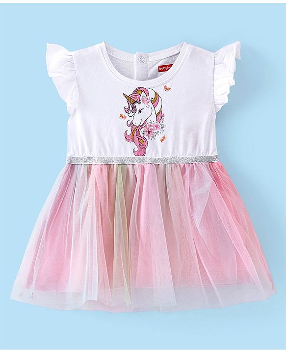 Babyhug 100% Cotton Jersey Knit Frill Sleeves Unicorn Printed Frock - White