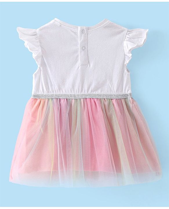 Babyhug 100% Cotton Jersey Knit Frill Sleeves Unicorn Printed Frock - White