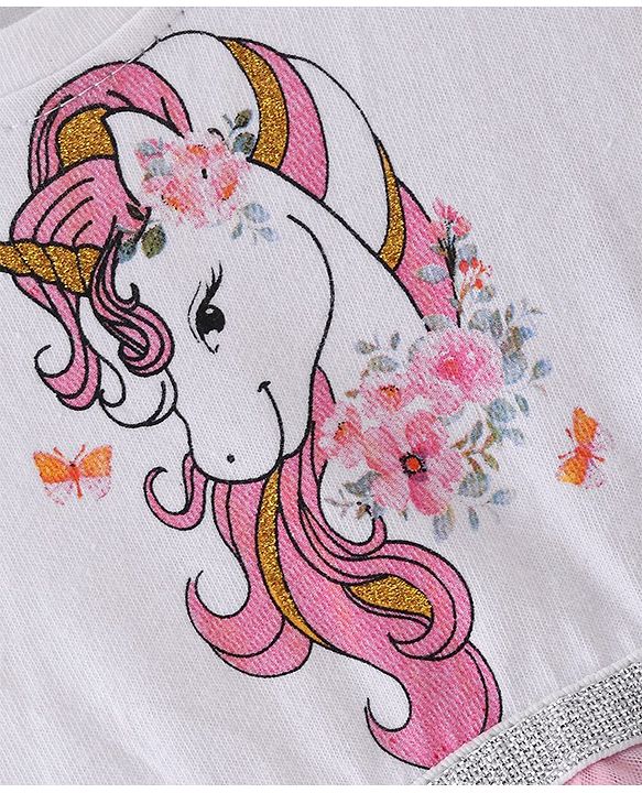Babyhug 100% Cotton Jersey Knit Frill Sleeves Unicorn Printed Frock - White