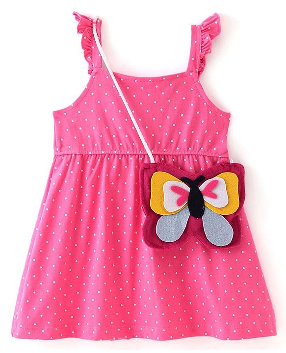 Babyhug Cotton Jersey Frill Sleeves Polka Dot Print Frock with Butterfly  Shaped Sling - Pink