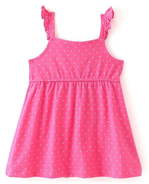 Babyhug Cotton Jersey Frill Sleeves Polka Dot Print Frock with Butterfly  Shaped Sling - Pink