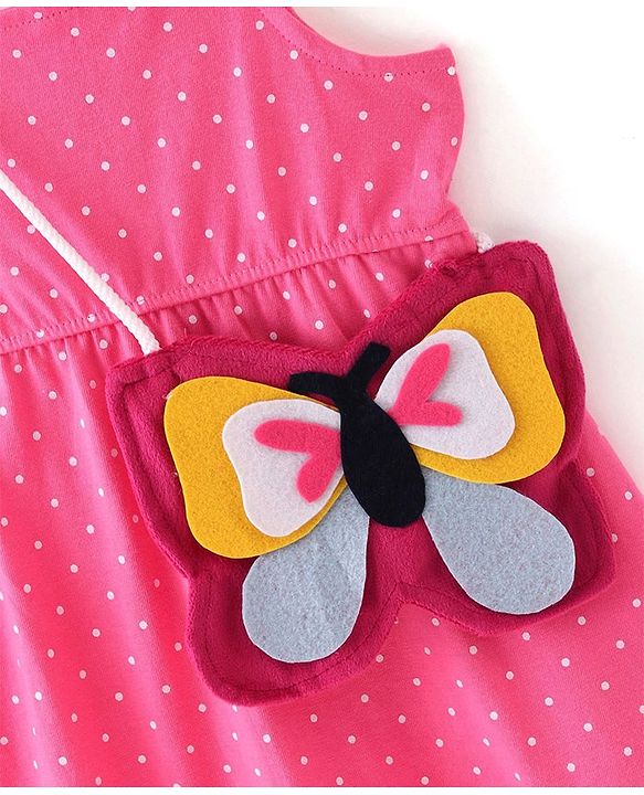 Babyhug Cotton Jersey Frill Sleeves Polka Dot Print Frock with Butterfly  Shaped Sling - Pink