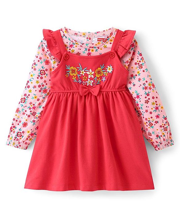 Babyhug Cotton Jersey Knit Floral Embroidery Frock with Full Sleeves Printed Inner Tee - Red