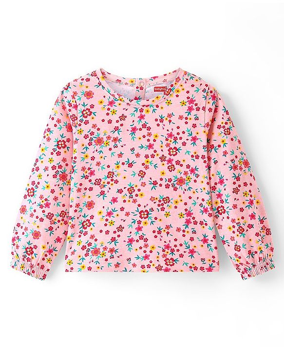 Babyhug Cotton Jersey Knit Floral Embroidery Frock with Full Sleeves Printed Inner Tee - Red