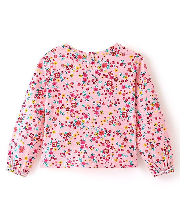 Babyhug Cotton Jersey Knit Floral Embroidery Frock with Full Sleeves Printed Inner Tee - Red