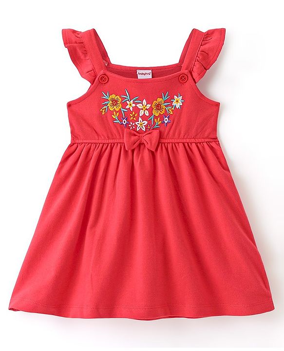 Babyhug Cotton Jersey Knit Floral Embroidery Frock with Full Sleeves Printed Inner Tee - Red