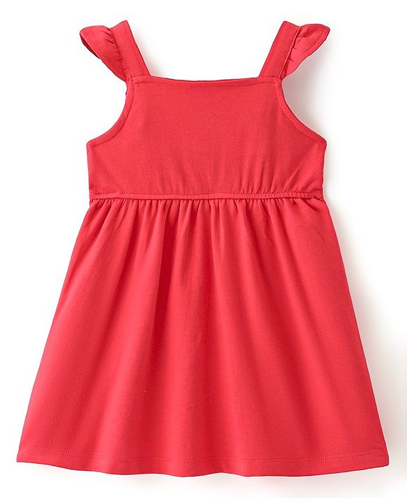 Babyhug Cotton Jersey Knit Floral Embroidery Frock with Full Sleeves Printed Inner Tee - Red