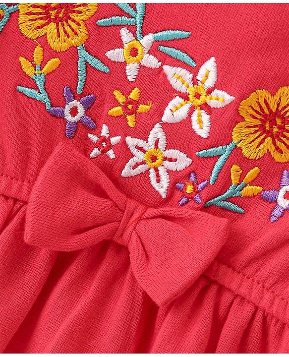 Babyhug Cotton Jersey Knit Floral Embroidery Frock with Full Sleeves Printed Inner Tee - Red