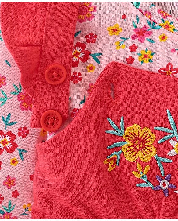Babyhug Cotton Jersey Knit Floral Embroidery Frock with Full Sleeves Printed Inner Tee - Red