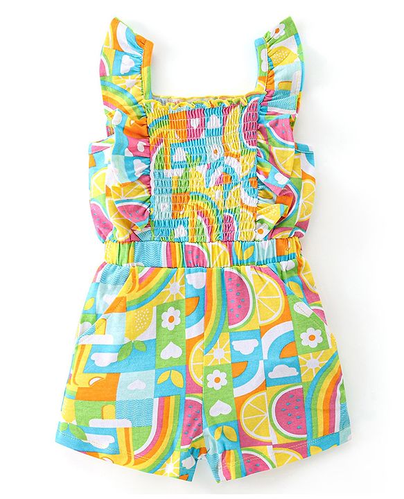 Babyhug Cotton Jersey Sleeveless Jumpsuit with Checkered & Floral Print -Yellow