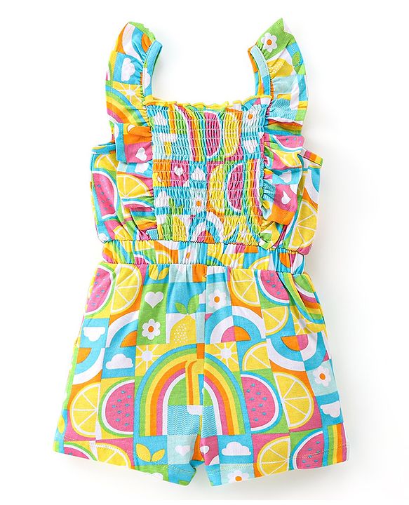 Babyhug Cotton Jersey Sleeveless Jumpsuit with Checkered & Floral Print -Yellow